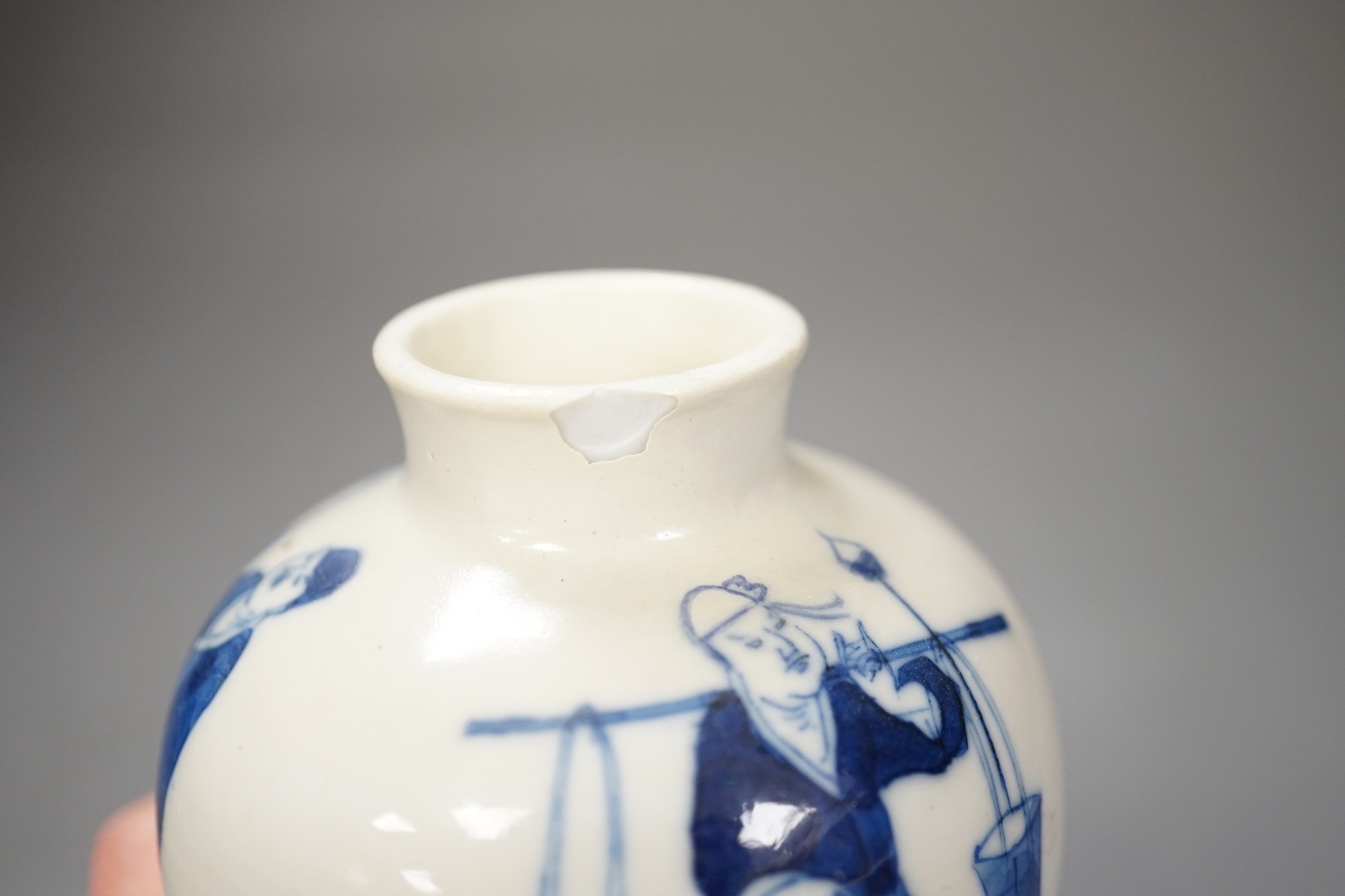 A small Chinese blue and white baluster jar, circa 1900. Restored, 15cm